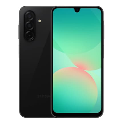 Celular Samsung Galaxy A26 5G SM-A266M, cor preta, visão frontal com câmeras e display ativo.