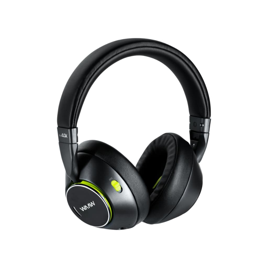 Headset Bluetooth com cancelamento de ruído, preto e verde neon, em fundo branco