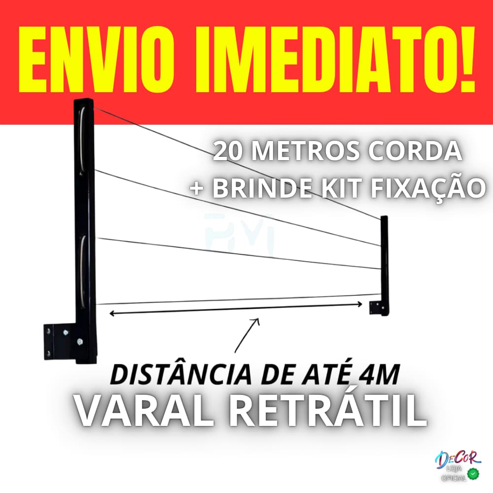 Kit Varal Retrátil Dobrável com 20 Metros de Cabo de Aço Encapado e Kit Fixação