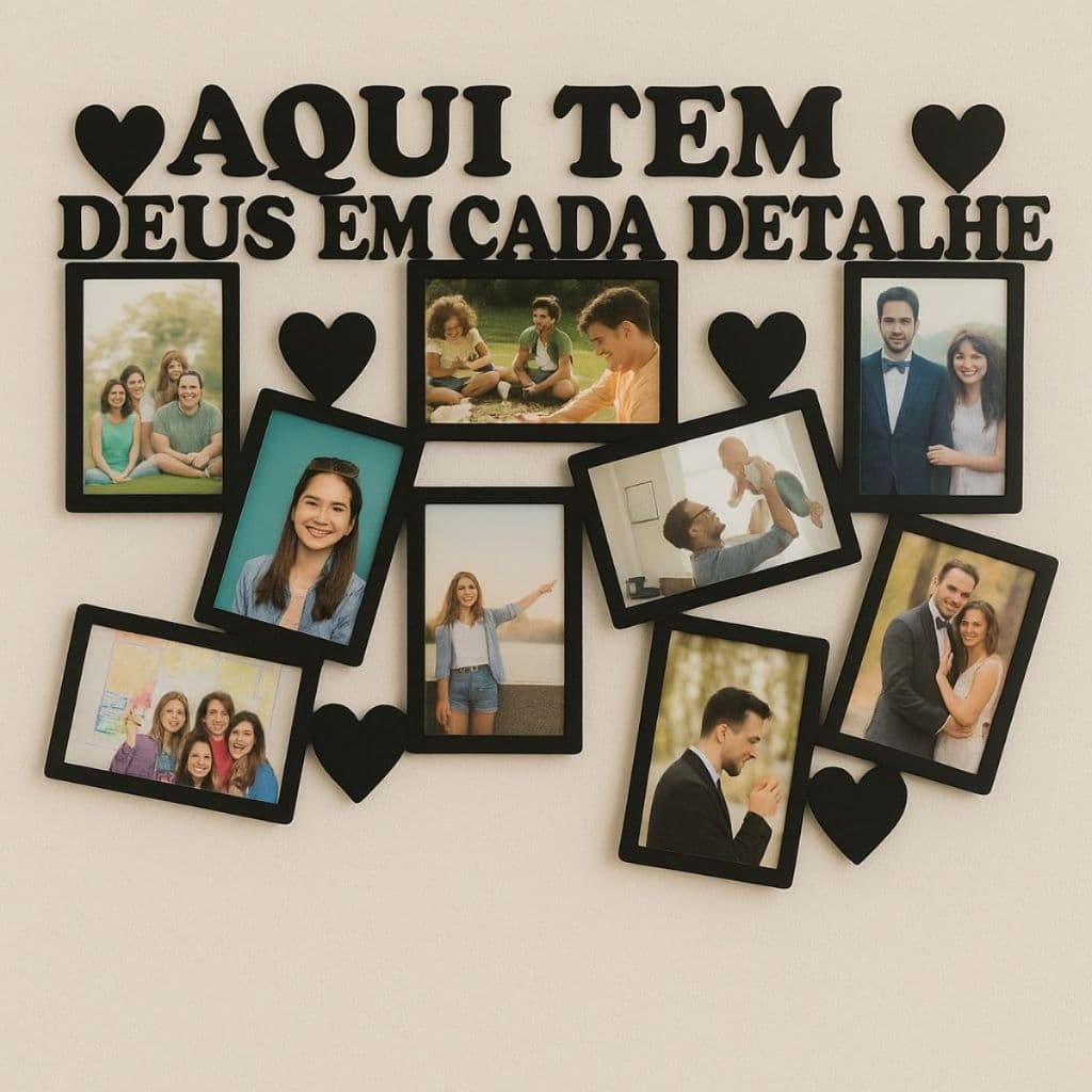 Painel de fotos 'Aqui Tem Deus' em MDF com nove retratos em forma de coração