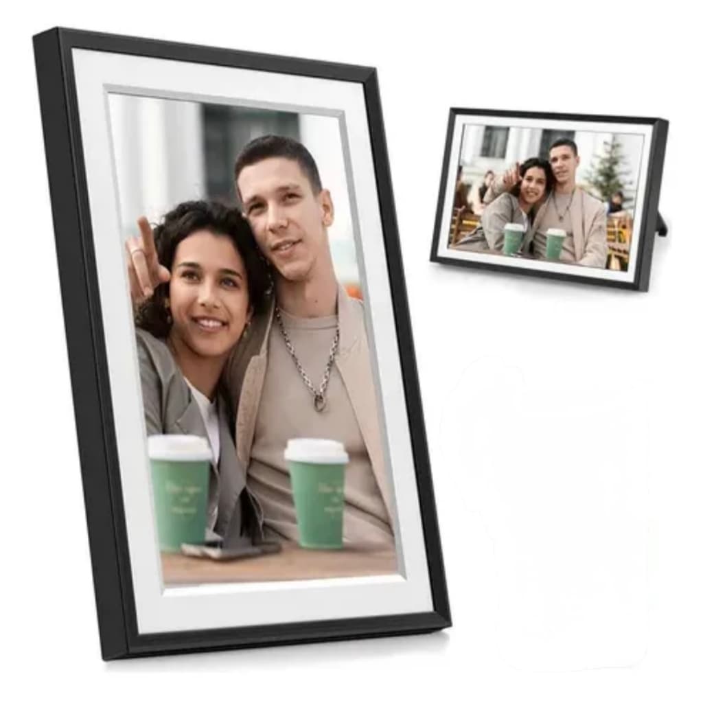 Porta-retrato digital 15,6 polegadas com tela de toque exibindo foto de casal em café