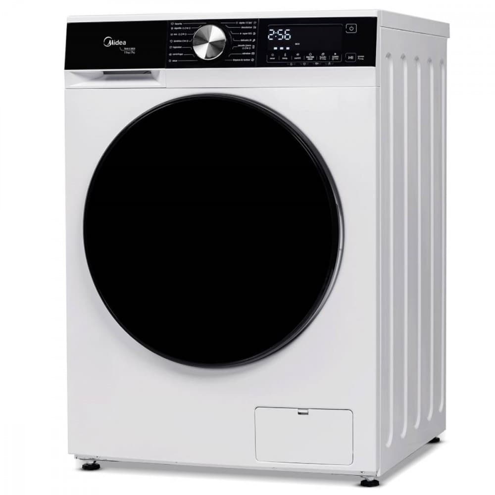 Lava e seca Midea 11kg branca com controles digitais, ângulo frontal.