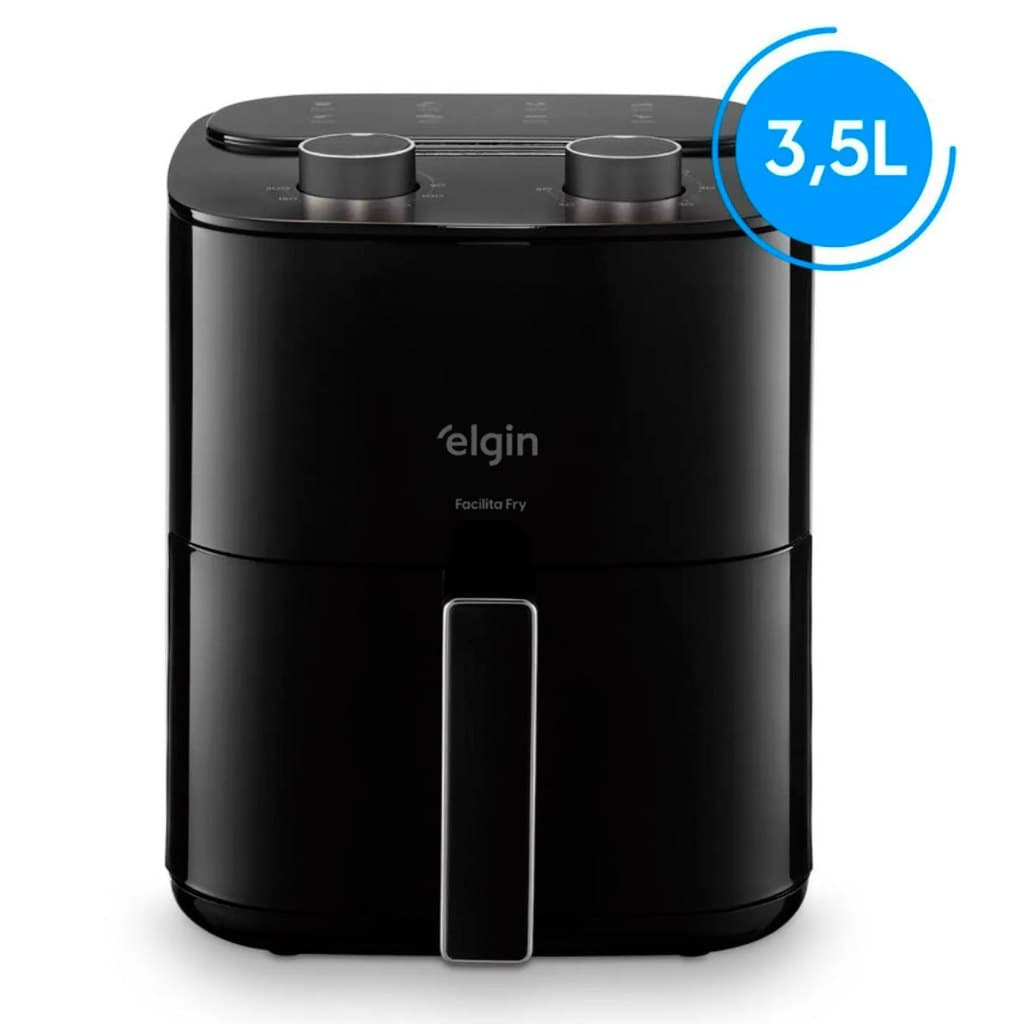Fritadeira Air Fryer Elgin Facilita Fry 3,5 Litros, preta, grelha removível, controle digital, fundo branco