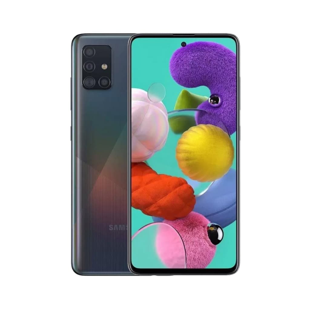 Smartphone Samsung Galaxy A51 com design elegante e câmera traseira quadrada, em fundo branco.