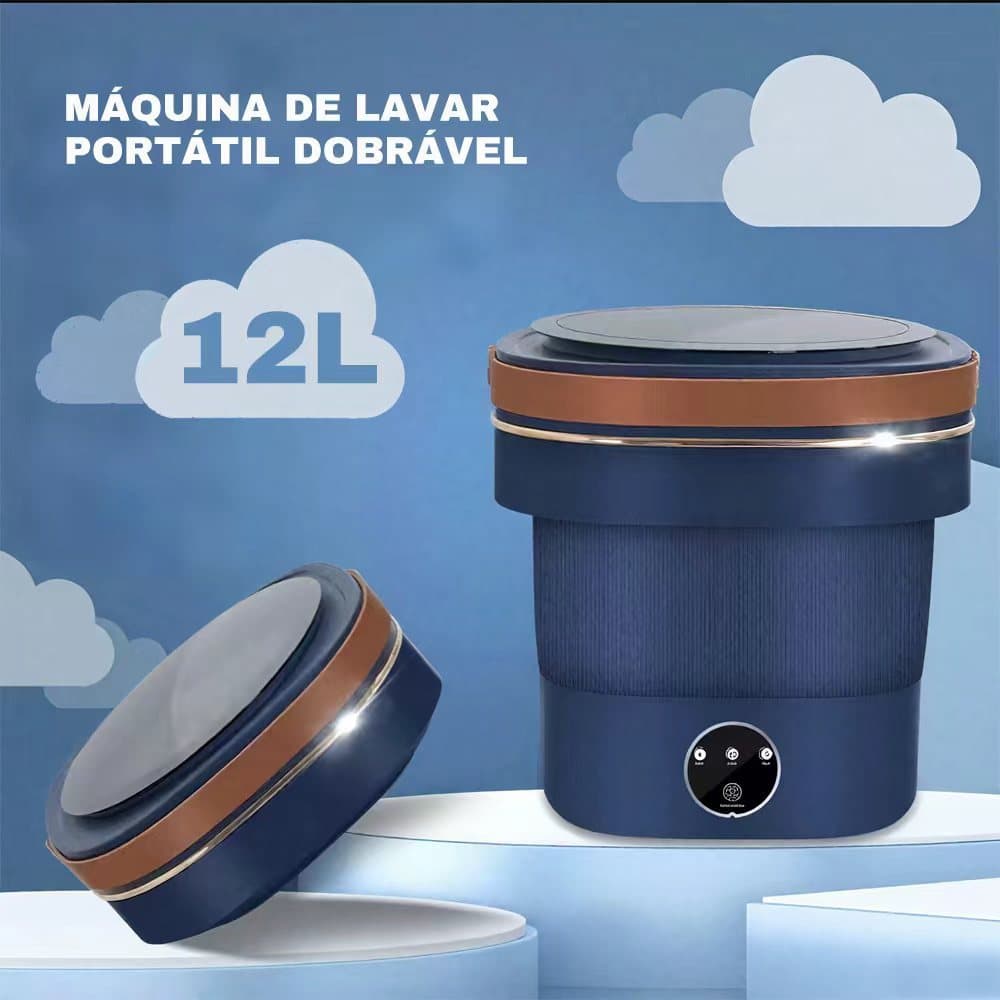 Mini máquina de lavar roupa dobrável 12L portátil azul e marrom
