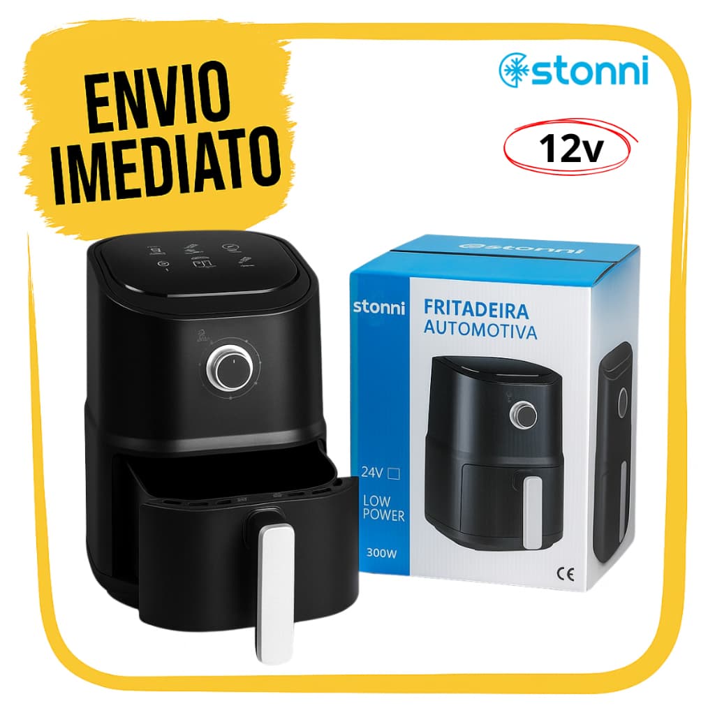 Fritadeira para veículos 12v Stonni, cor preta, com caixa azul e branca, envio imediato