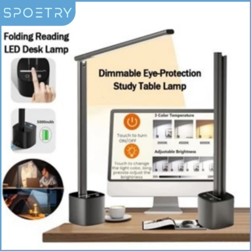 Luminária de mesa LED dobrável para escritório e estudo, com proteção para os olhos e ajuste de brilho