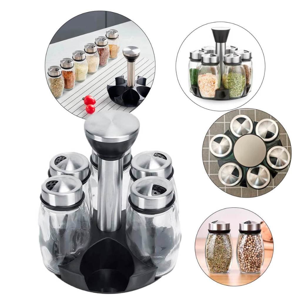 Kit Porta Temperos Giratório com 6 Frascos de Vidro e Base Giratória
