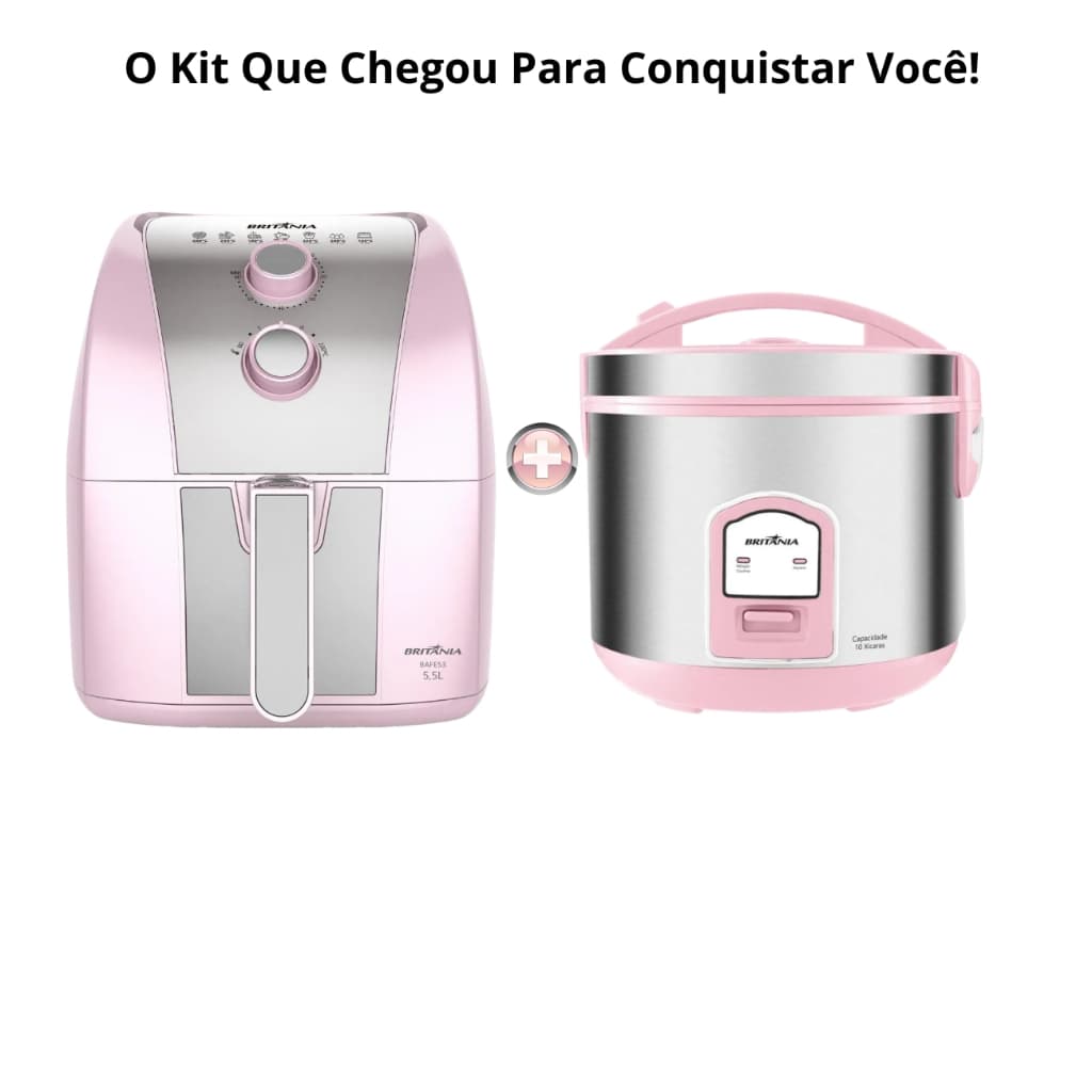Kit com fritadeira e panela de arroz elétrica Britânia, cores rosa e cinza metálico, controles visíveis.