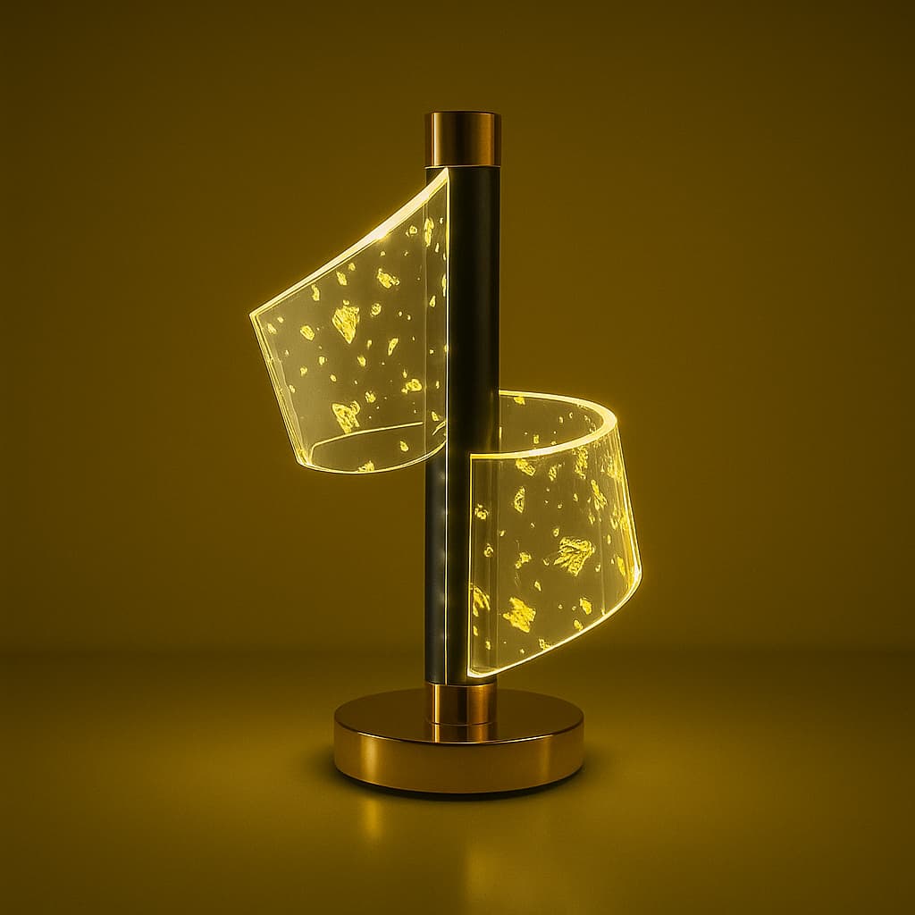Luminária de mesa com design espiral em vidro transparente e padrões amarelos, base e haste em metal dourado.
