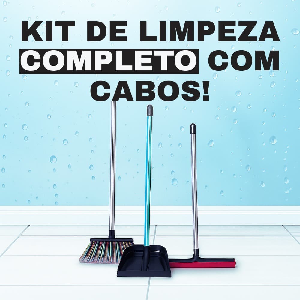 Kit de Limpeza Completo com Cabos de Madeira – Vassoura, Rodo e Pá de Lixo