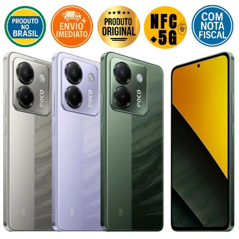 Xiaomi Poco M7 Pro 5G em prata, violeta, verde e amarelo com NFC, 5G, nota fiscal e envio imediato