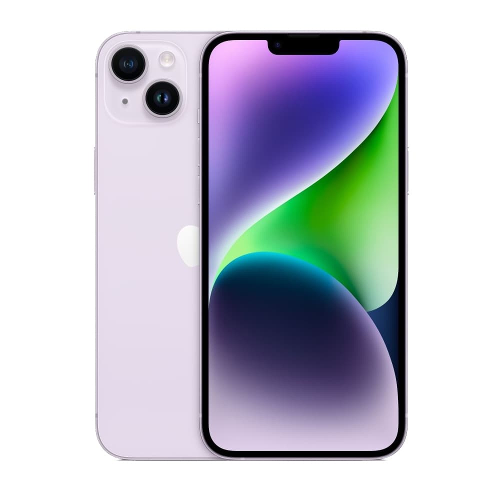 Imagem do Apple iPhone 14 Plus branco com tela OLED de 6.7 polegadas e câmera traseira tripla