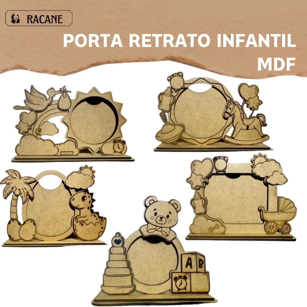 Porta retrato infantil MDF com desenhos animados de sol, arco-íris, dinossauro, urso, girafa, bebê, carroça, palmeira, torre e blocos de brinquedo