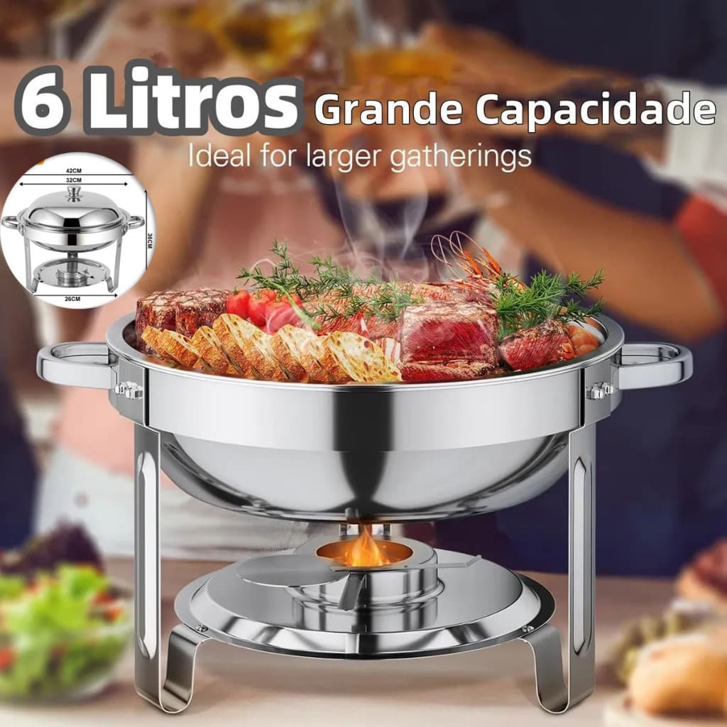 Rechaud redondo em aço inox 6 litros, ideal para grandes reuniões, com alimentos quentes mantidos aquecidos