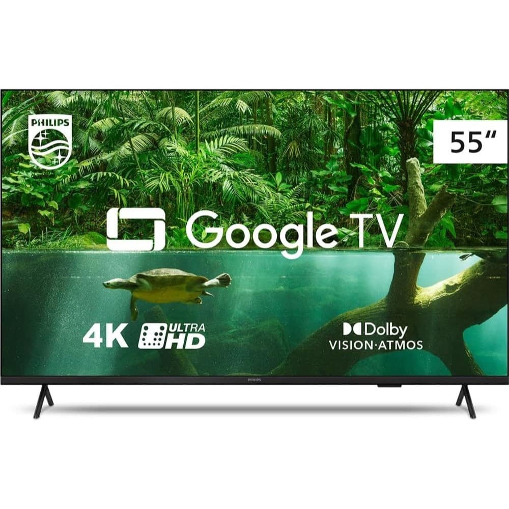 Smart TV Philips 55'' 4K UHD LED 55PUG7408/78 com display de imagem verde e texto Google TV, 4K, Ultra HD, Dolby Vision-Atmos
