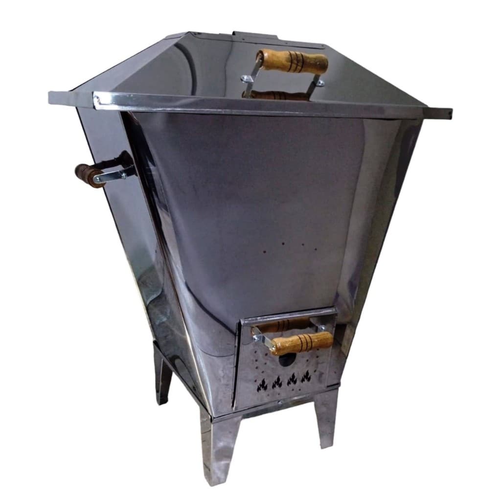 Churrasqueira a Bafo G Inox Modelo B-200, aço inoxidável, ventilação perfurada, cabos de madeira
