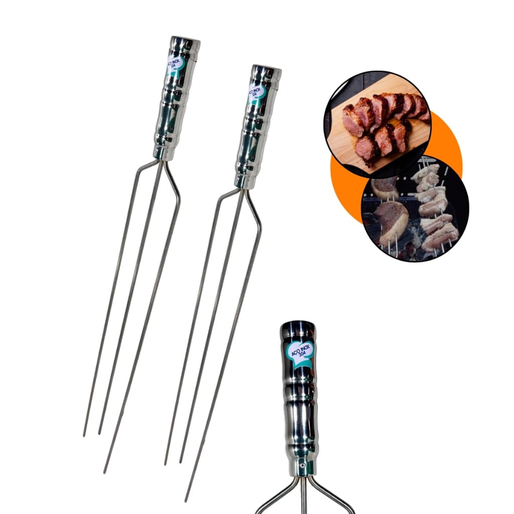 Kit 2 espetos triplo assar aço inox cabo revestido suporte reforçado
