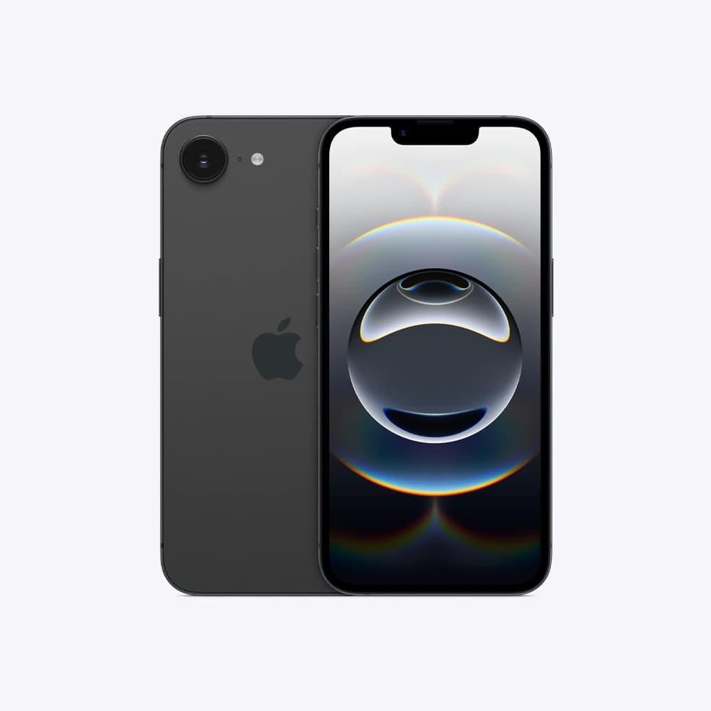 iPhone 16E 512GB em cor grafite, mostrando a frente e o lado do dispositivo