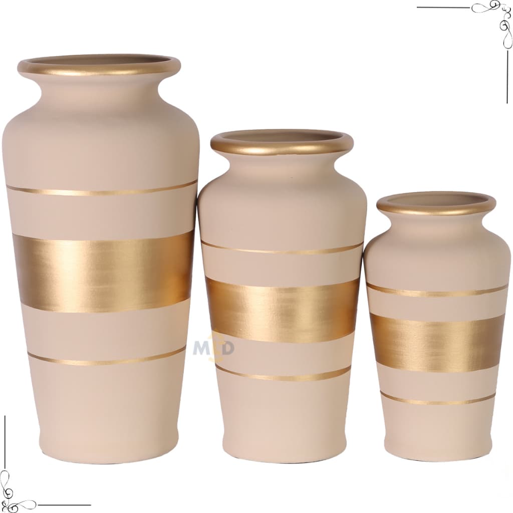 Kit 3 Vasos Decorativos Grandes Cerâmica Bege e Dourado
