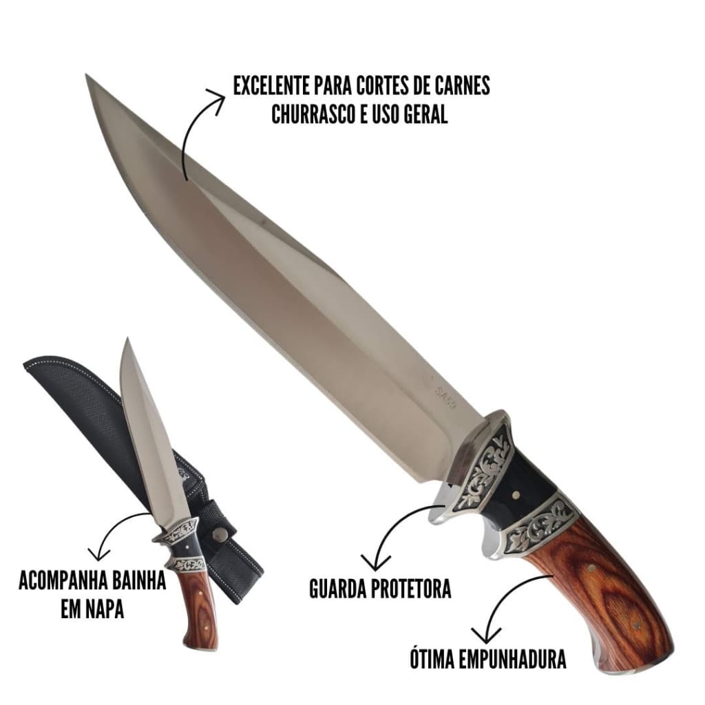 Faca Para Churrasco Pesca Com Bainha Cabo Madeira Afiada Premium Luxo