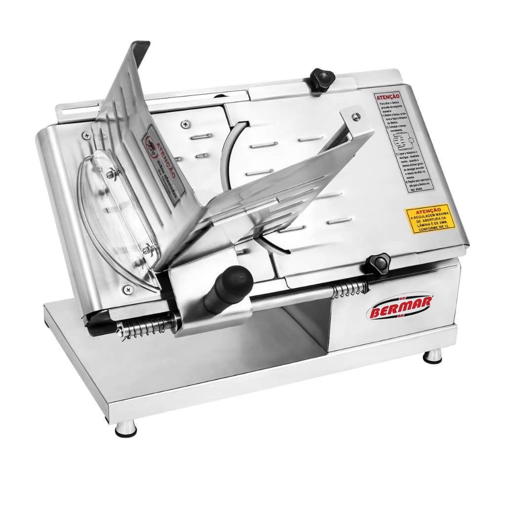 Cortador de frios elétrico semiautomático com lâmina de 200 mm, marca Bermar, cor prata e preto