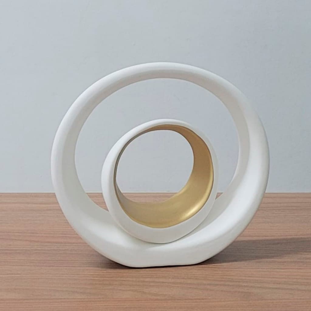 Kit vaso decorativo cerâmica branco e dourado em forma de anel duplo