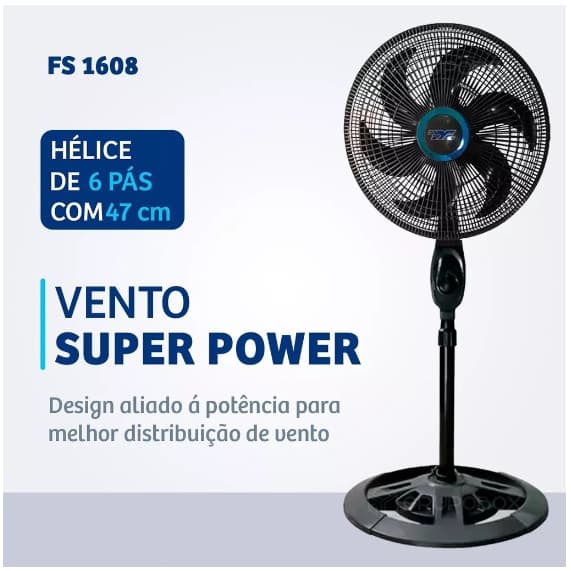 Ventilador de coluna preto com base cinza, hélice de 6 pás com 47 cm, ventilador de pé com vento super power.