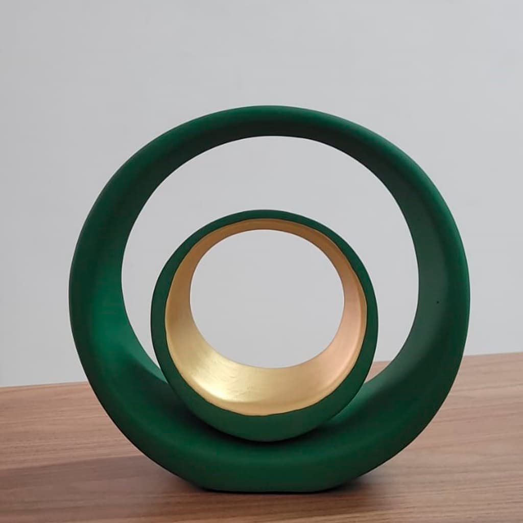 Kit vaso decorativo verde e dourado, anéis encaixados, para decoração de sala