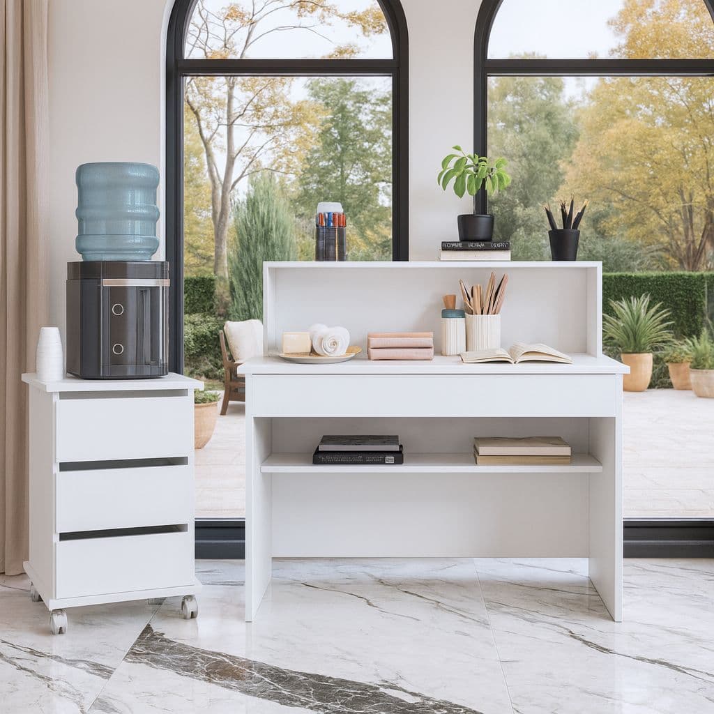 Conjunto de mesa de escritório branca com gaveta e cômoda com 3 gavetas em um ambiente de escritório