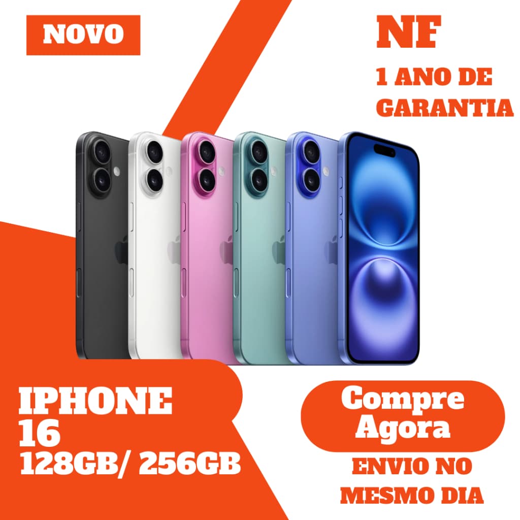 Novo IPhone 16 128GB / 256GB Plus Apple – 5G, Lacrado, NF-e e Garantia