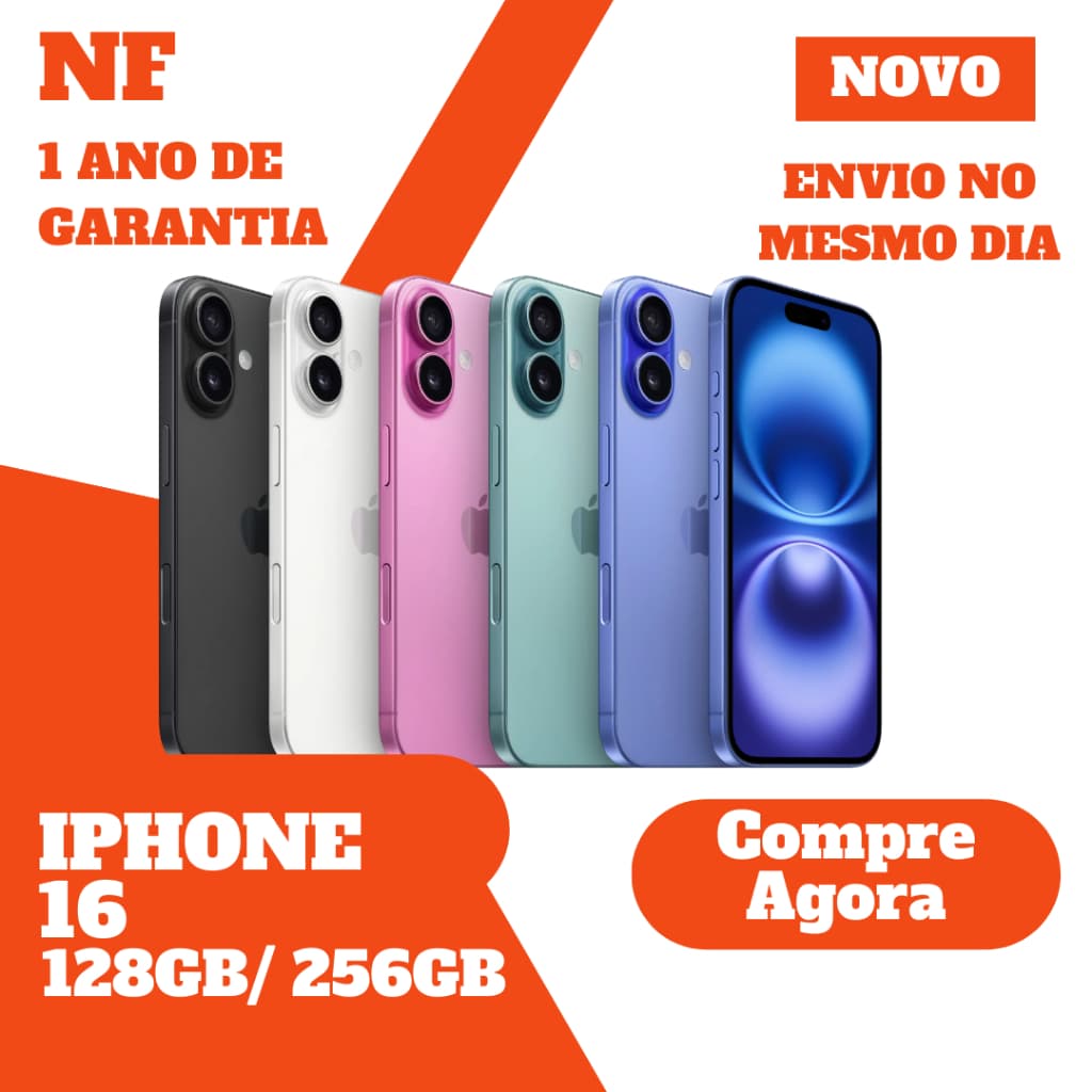 iPhone 16 em várias cores, 128GB/256GB, garantia de 1 ano, envio no mesmo dia