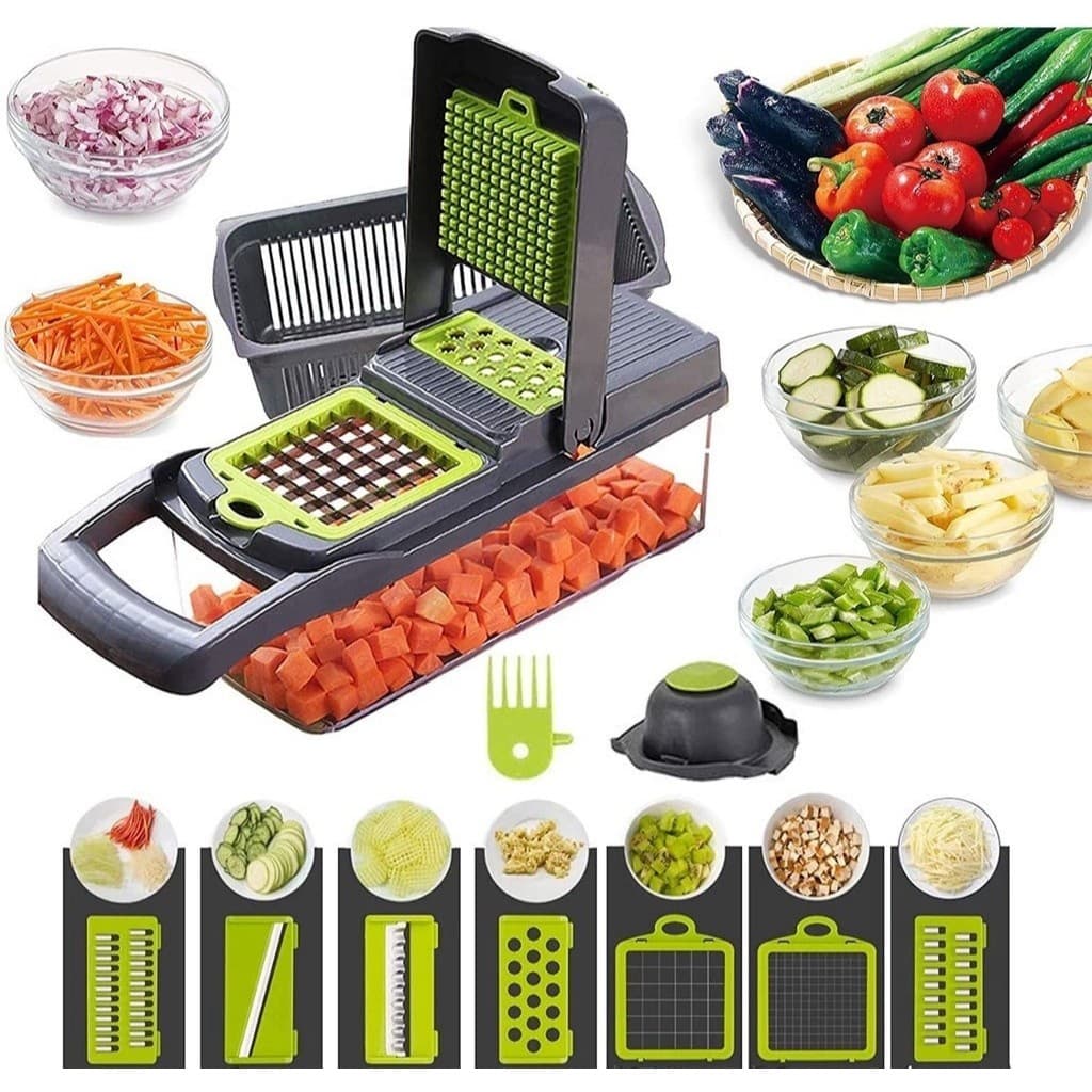 Fatiador multiuso de aço inoxidável 7 em 1 para legumes e frutas com acessórios e resultados de corte