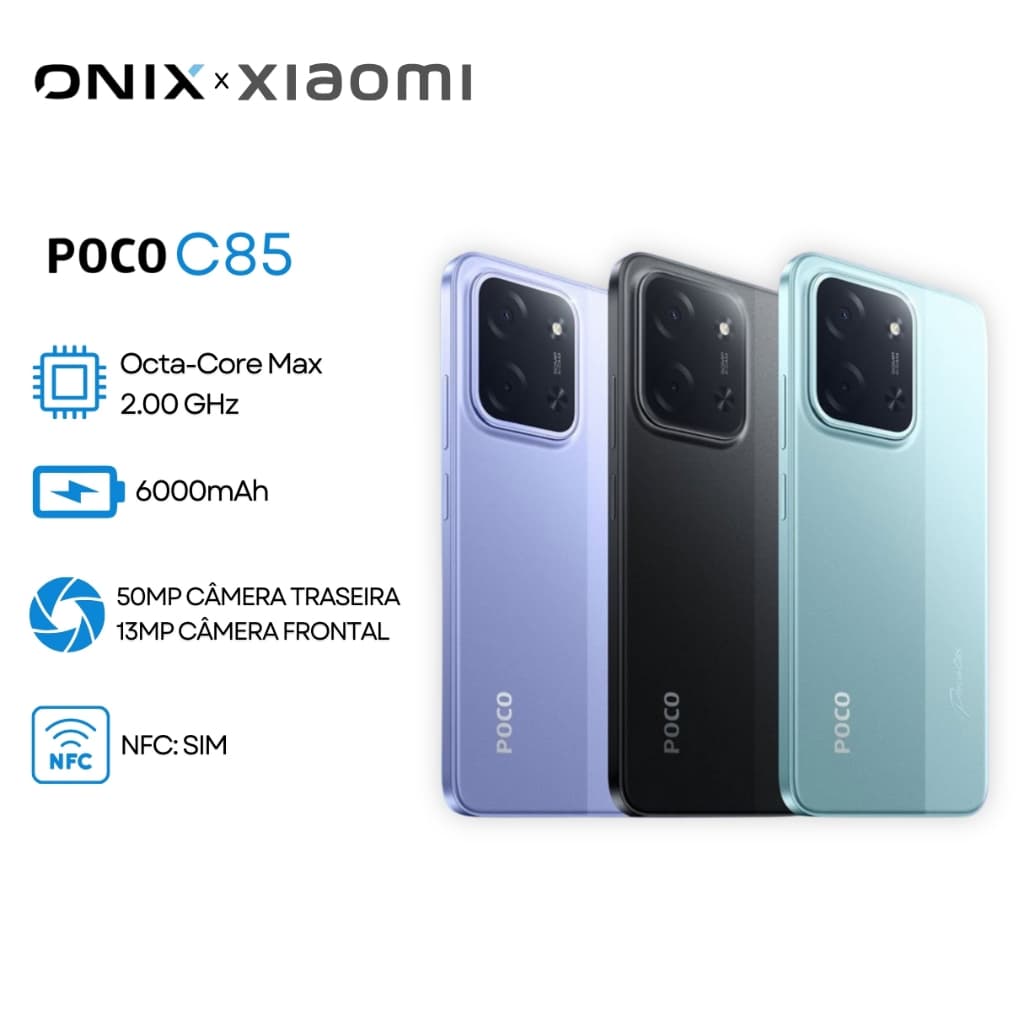 Smartphone Xiaomi POCO C85 com bateria de 6000mAh, processador Octa-Core Max 2.00 GHz e câmeras 50MP traseira e 13MP frontal