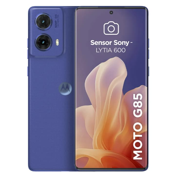 Telefone Motorola Moto G85 5G azul com câmera dupla e sensor Sony LYTIA 600