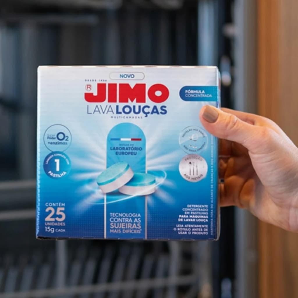 Caixa de detergente Jimo Lava Louças Multicamadas, 25 pastilhas, tecnologia contra sujeiras mais difíceis