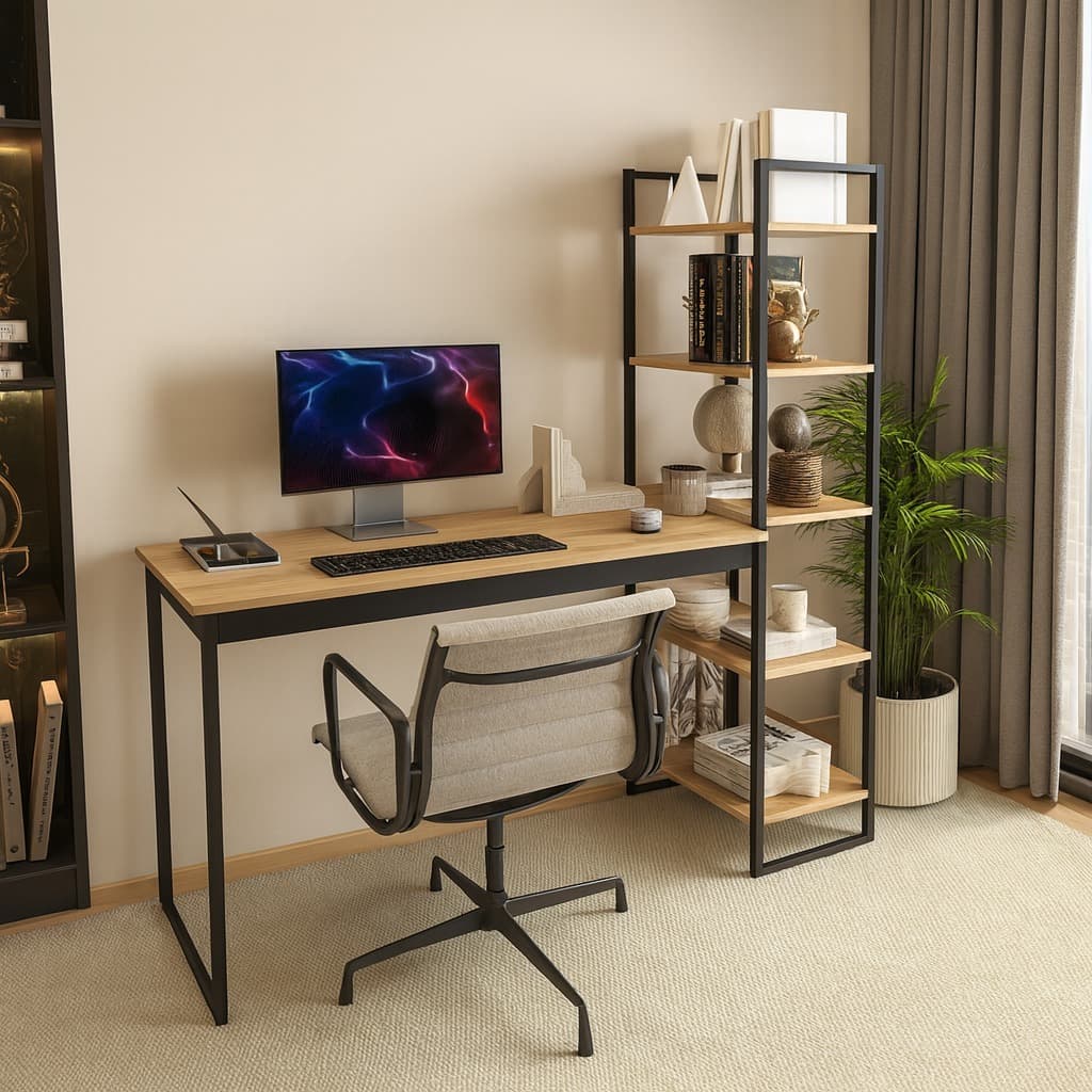 Escrivaninha mesa escritório home office lâmina com preto com 5 prateleiras estante integrada industrial