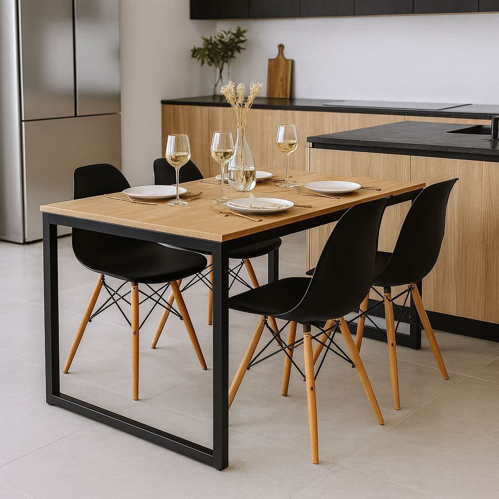 Conjunto de mesa industrial com 4 cadeiras Eames em uma sala de jantar moderna