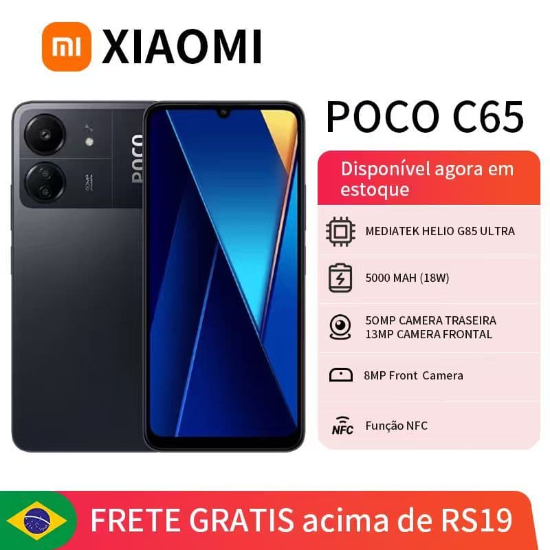 Smartphone Xiaomi Poco C65 8/256 GB, novo e lacrado, com câmera traseira dupla, processador MediaTek Helio G85 Ultra, bateria de 5000 mAh e câmera frontal de 13 MP.