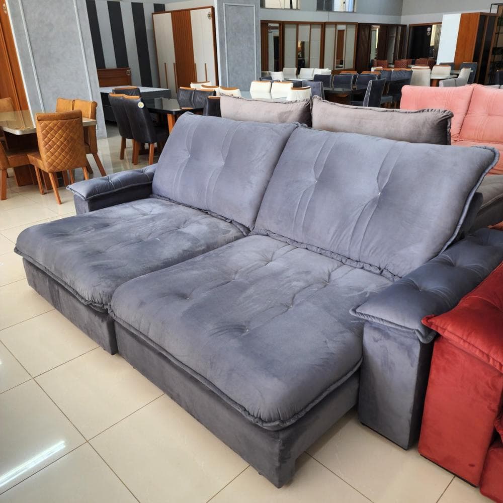 Sofá retrátil e reclinável cinza de 5 lugares, 2,90m, modelo Zyan Bom Pastor