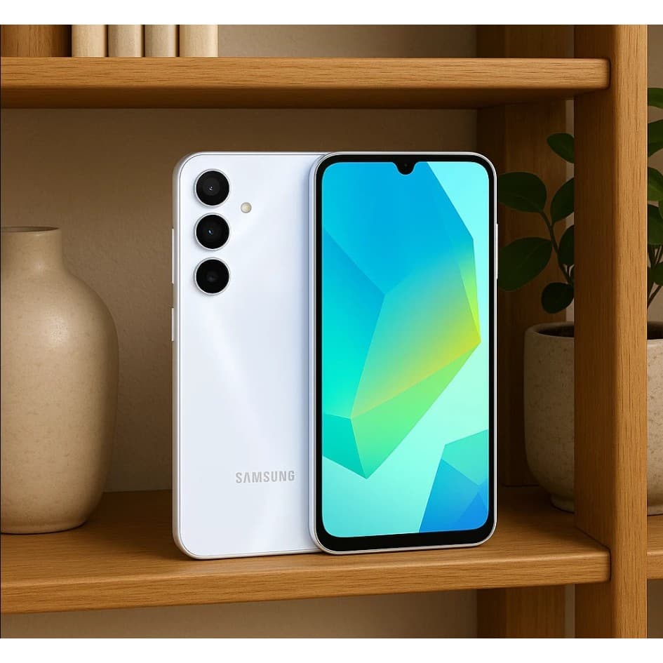 Smartphone Samsung Galaxy A16 branco em prateleira de madeira com planta e jarra