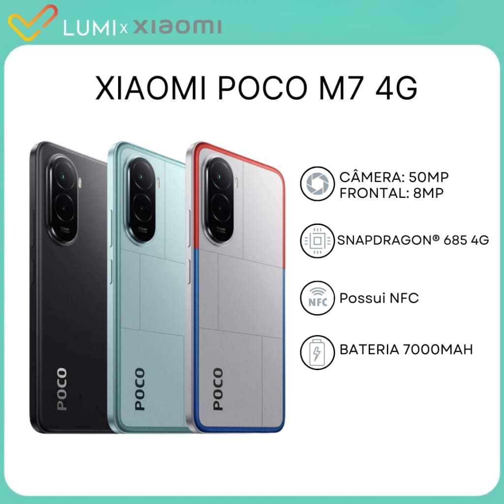 Xiaomi Poco M7 4G, 256GB + 8GB RAM, Processador Snapdragon 685, Bateria 7000mAh, CÂmera 50MP, Versão Global