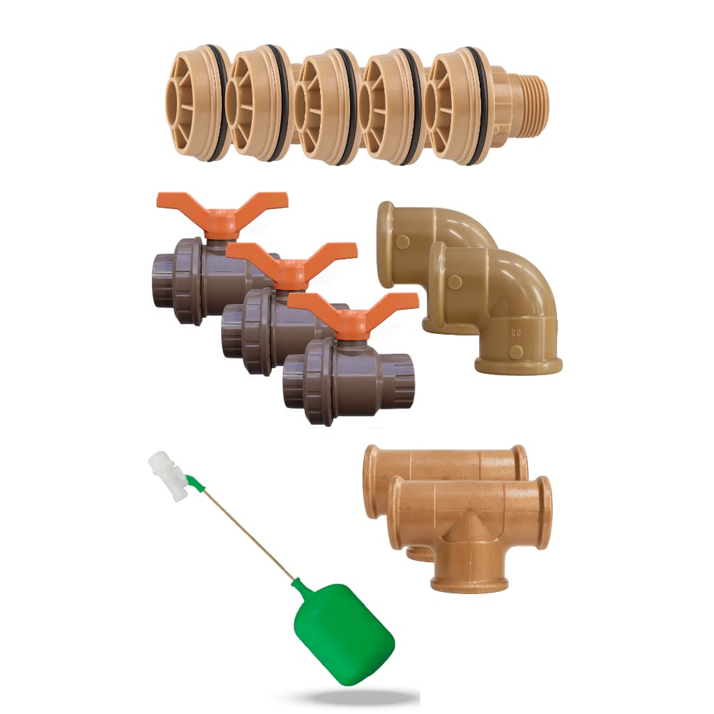 Kit instalação caixa d'água completo com válvulas e tubos marrom e laranja