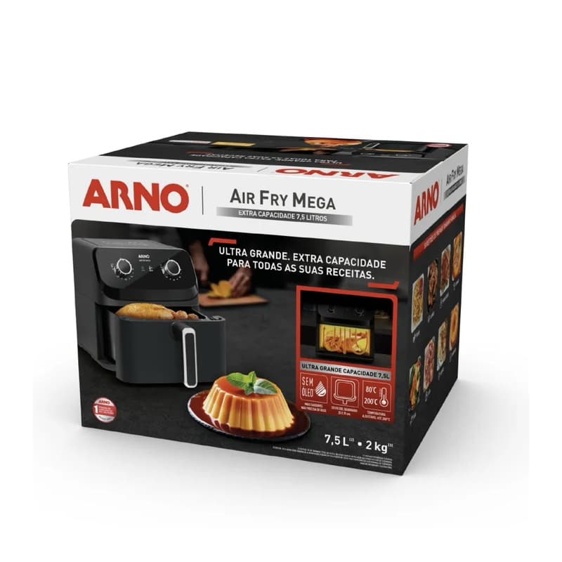 Caixa da fritadeira sem óleo Arno Mega 7,5L preta com receita de pudin