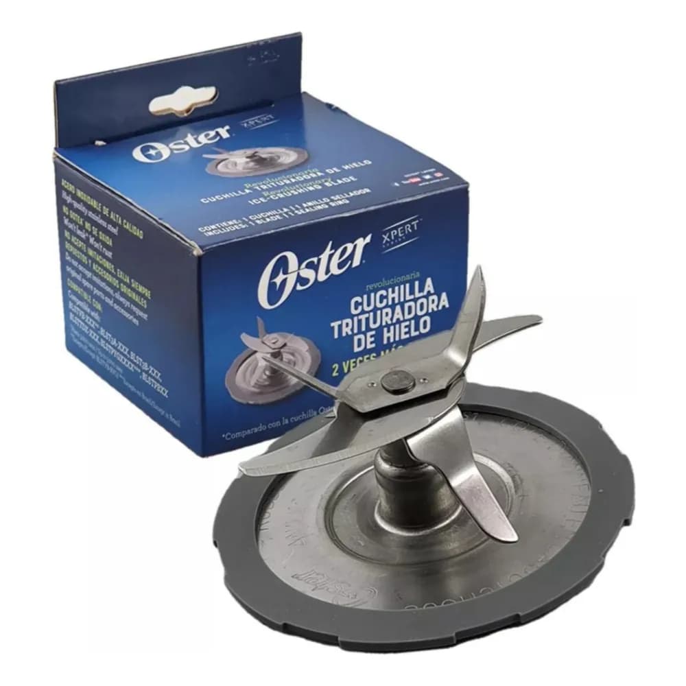 Lâmina Oster Xpert para liquidificador, embalagem azul, design em espiral, 3 lâminas