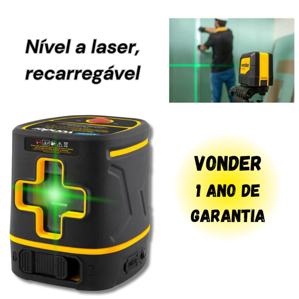 Nível a laser profissional Vonder, recarregável, 2 linhas verdes, 20 metros, alta precisão