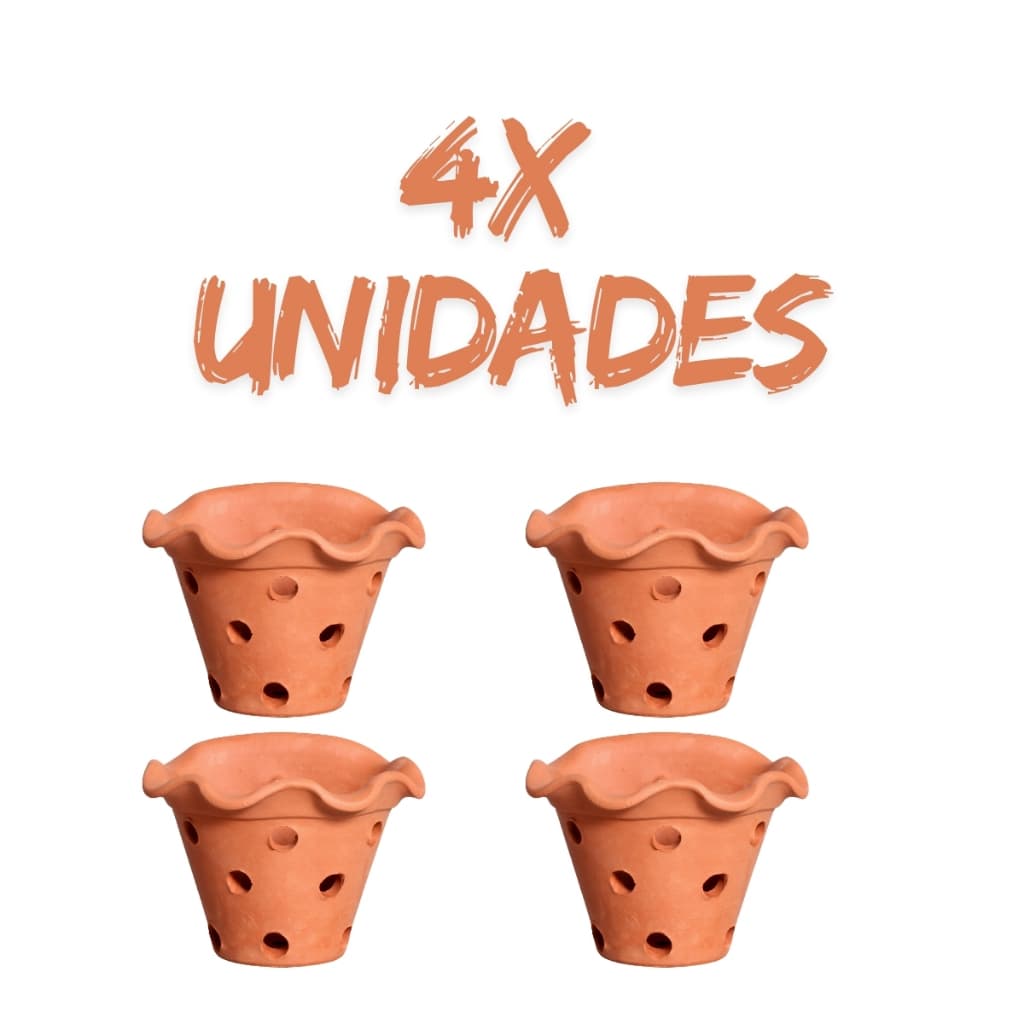 Kit com 4 vasos de barro para parede, estilo orquídea, terracota, furos e babado
