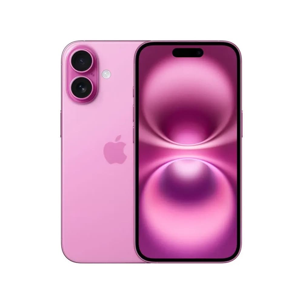 iPhone 16 Plus rosa com câmera dupla e reflexo na tela