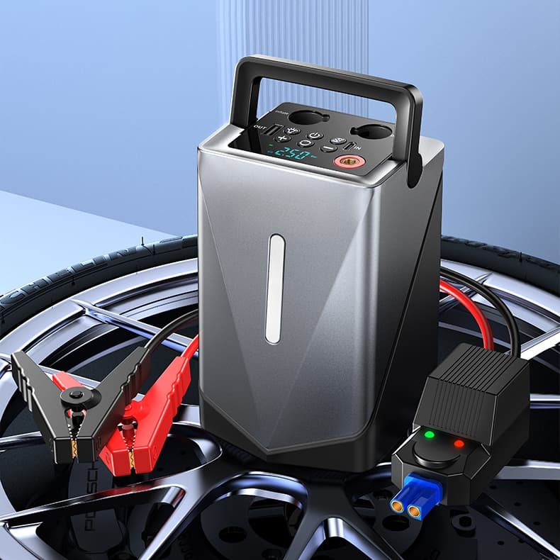 Compressor de ar portátil para veículos com conectores de bateria vermelhos e pretos