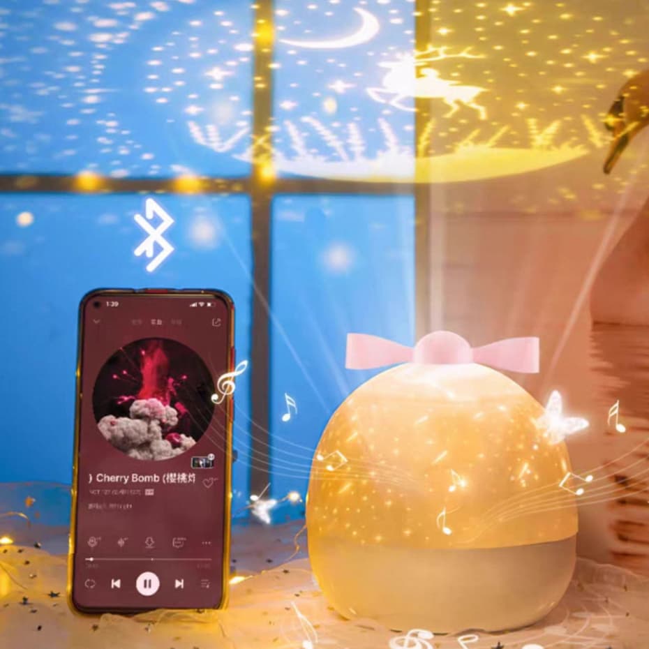 Luminária Abajur Giratório 360° com Projeção de Música e Luzes Infantil